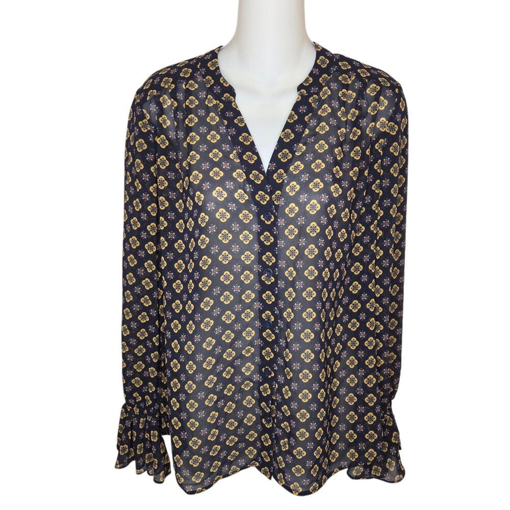 CAbi 3772 Womens Mosaic Blouse Blue Yellow Sheer Ruffle Cuff Size S
